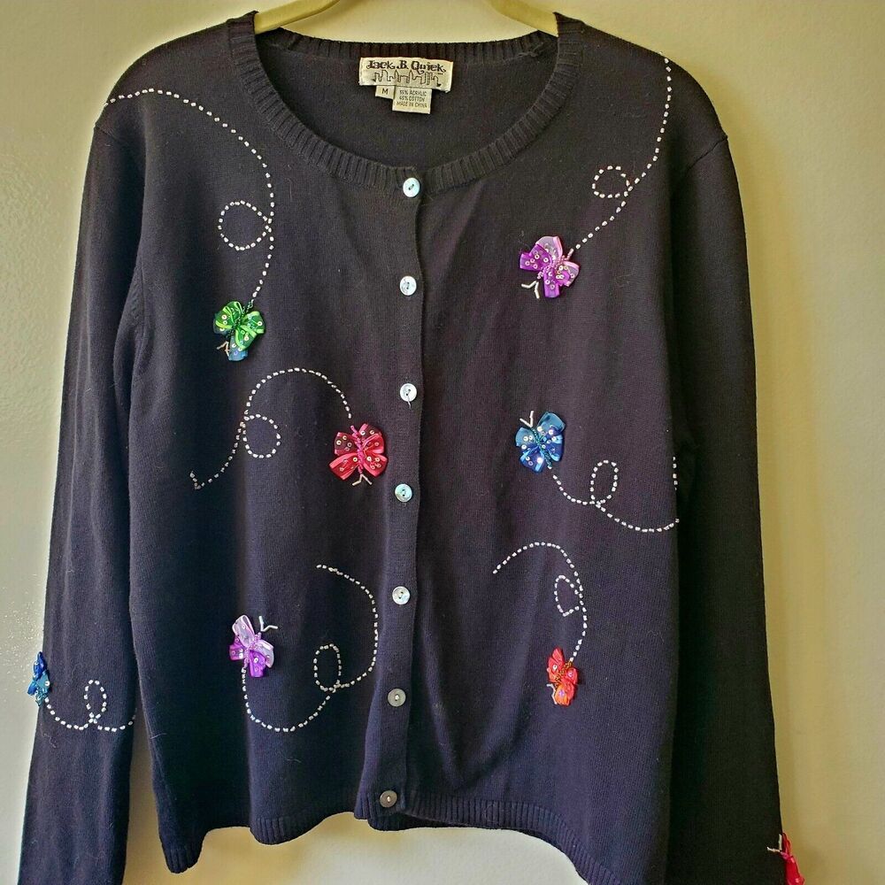Jack B Quick Womens M Cardigan Button Sweater Butterflies Ribbon Cottage VTG